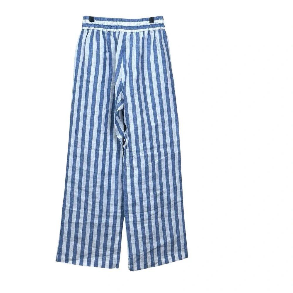 Reformation Blue White Stripe 100% Linen Wide Leg Drawstring Pants Womens XS